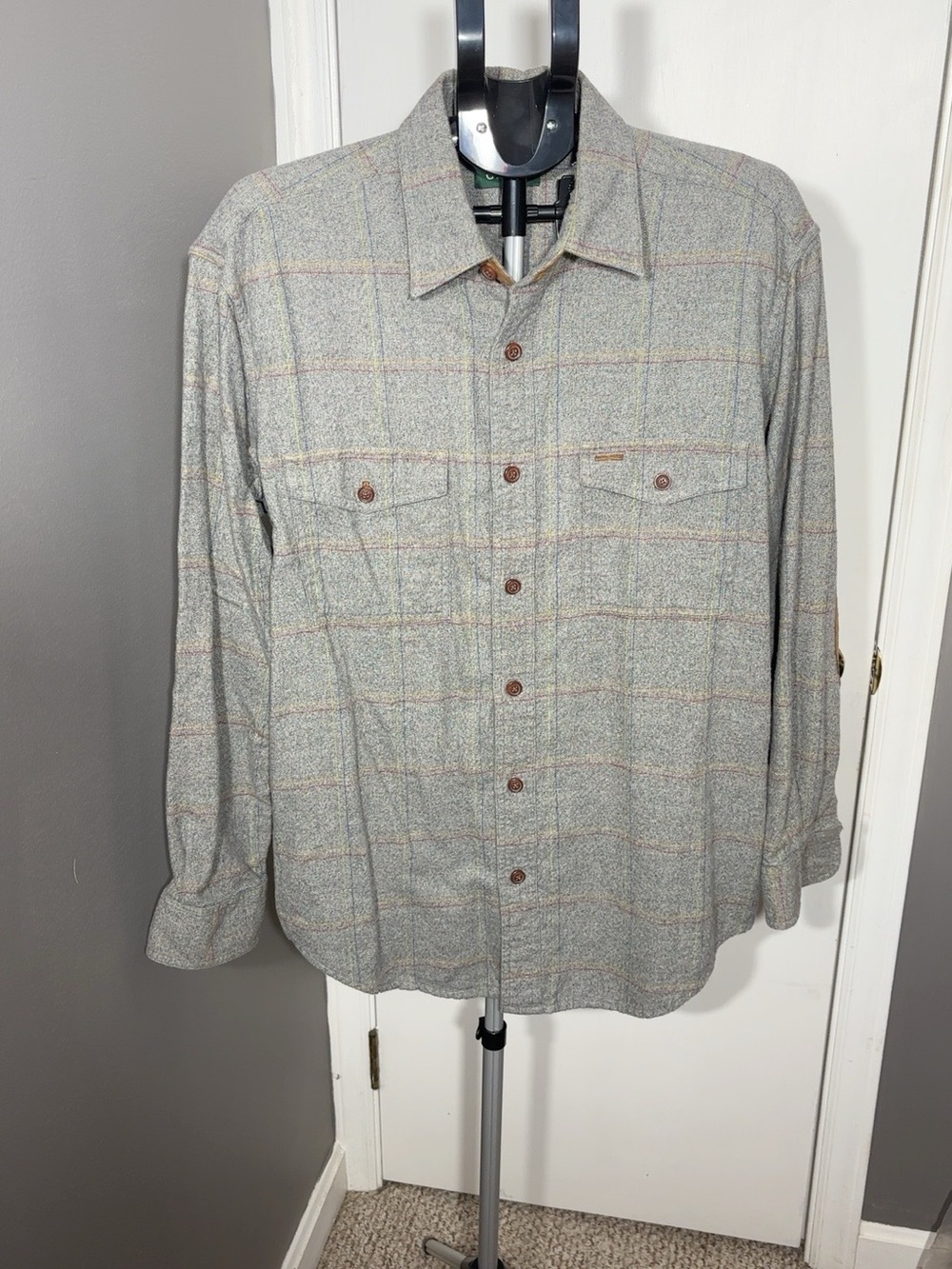 Orvis Men’s Gray Plaid Cotton Shirt Elbow Patches Outdoor Heritage